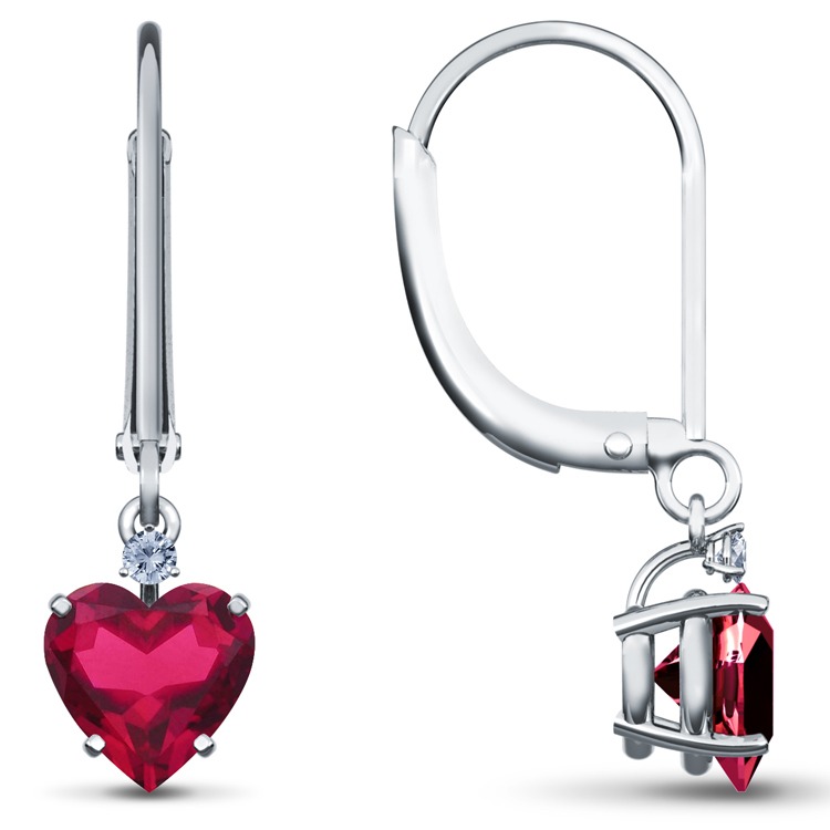 Heart Ruby Solitaire Drops with diamond accents, 18K White Gold