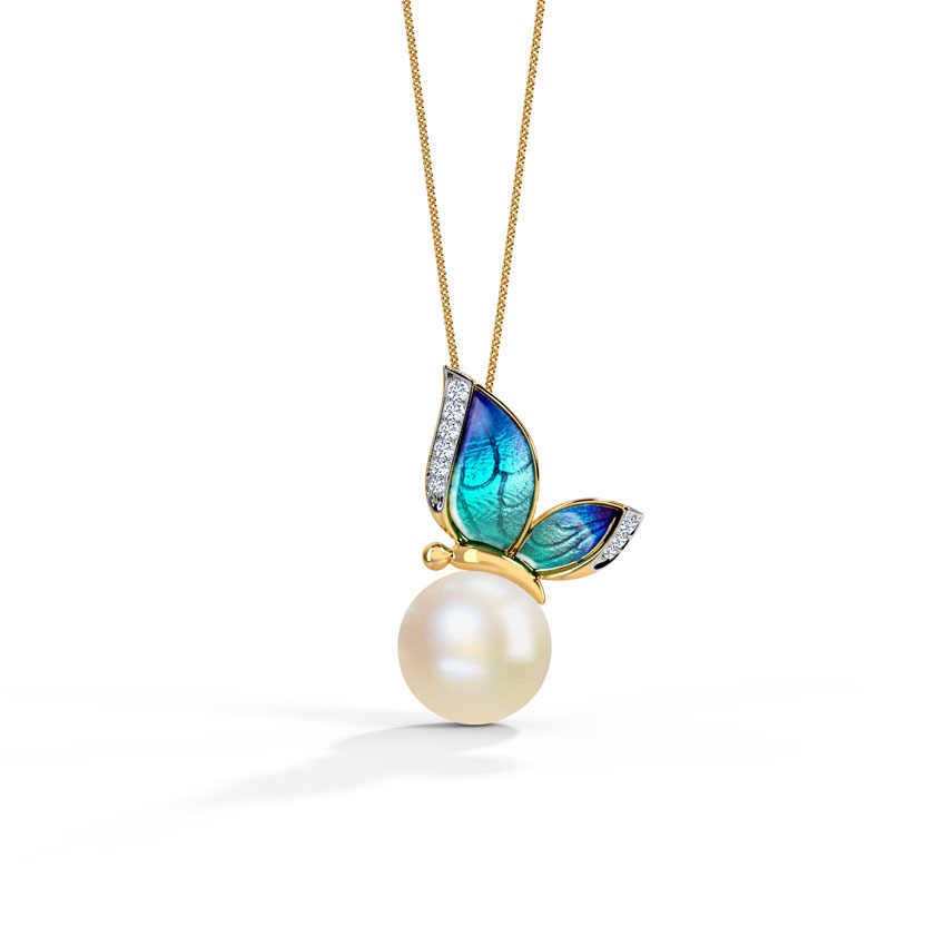 Perched Blue Butterfly Pearl Pendant