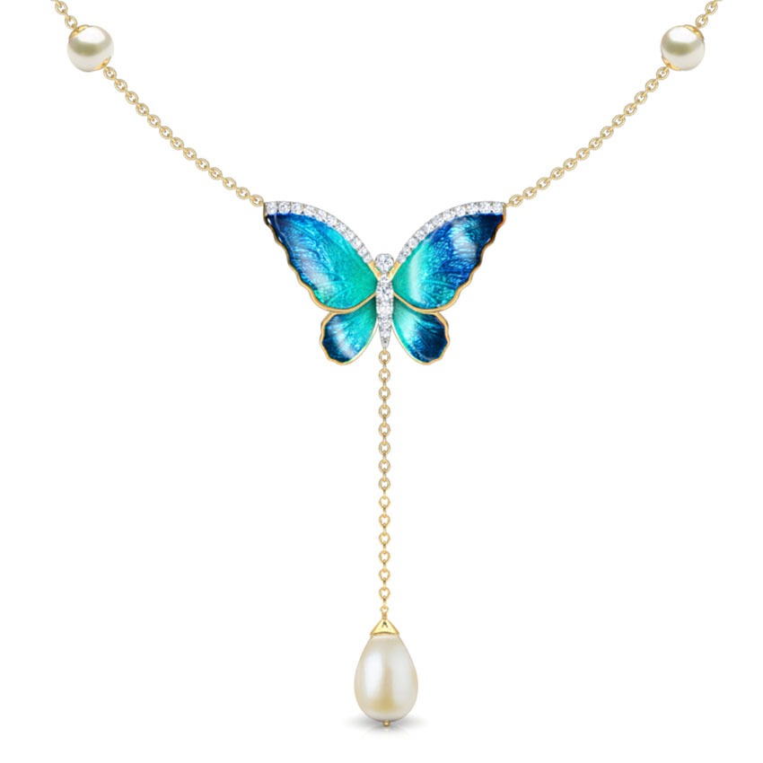 Flared Blue Butterfly Pearl Necklace