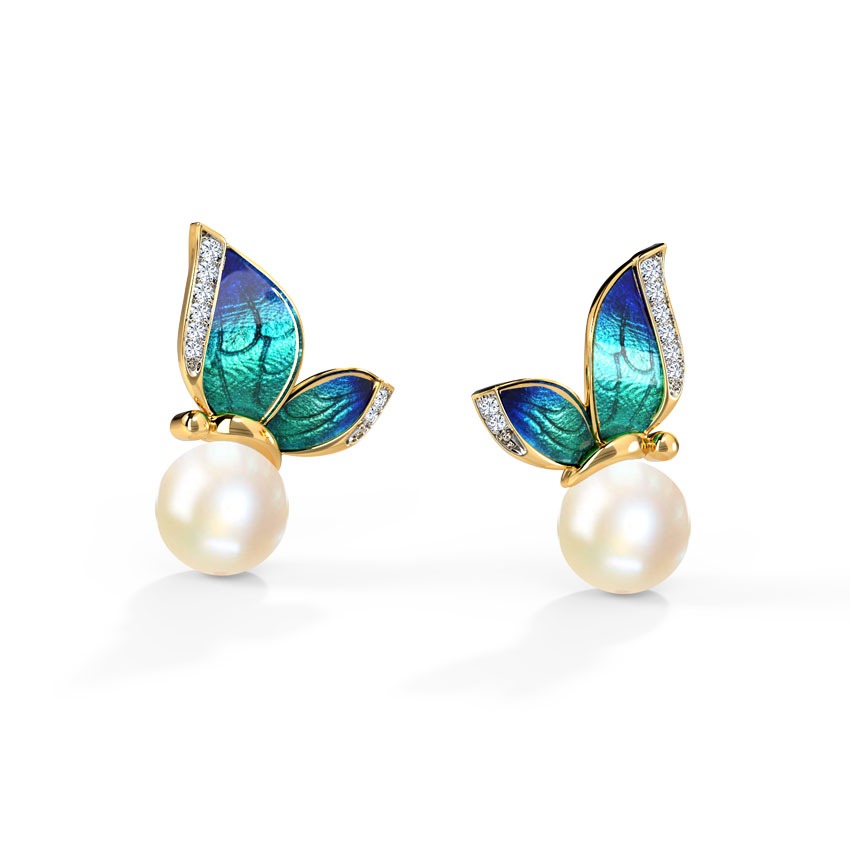 Perched Blue Butterfly Pearl Stud Earrings