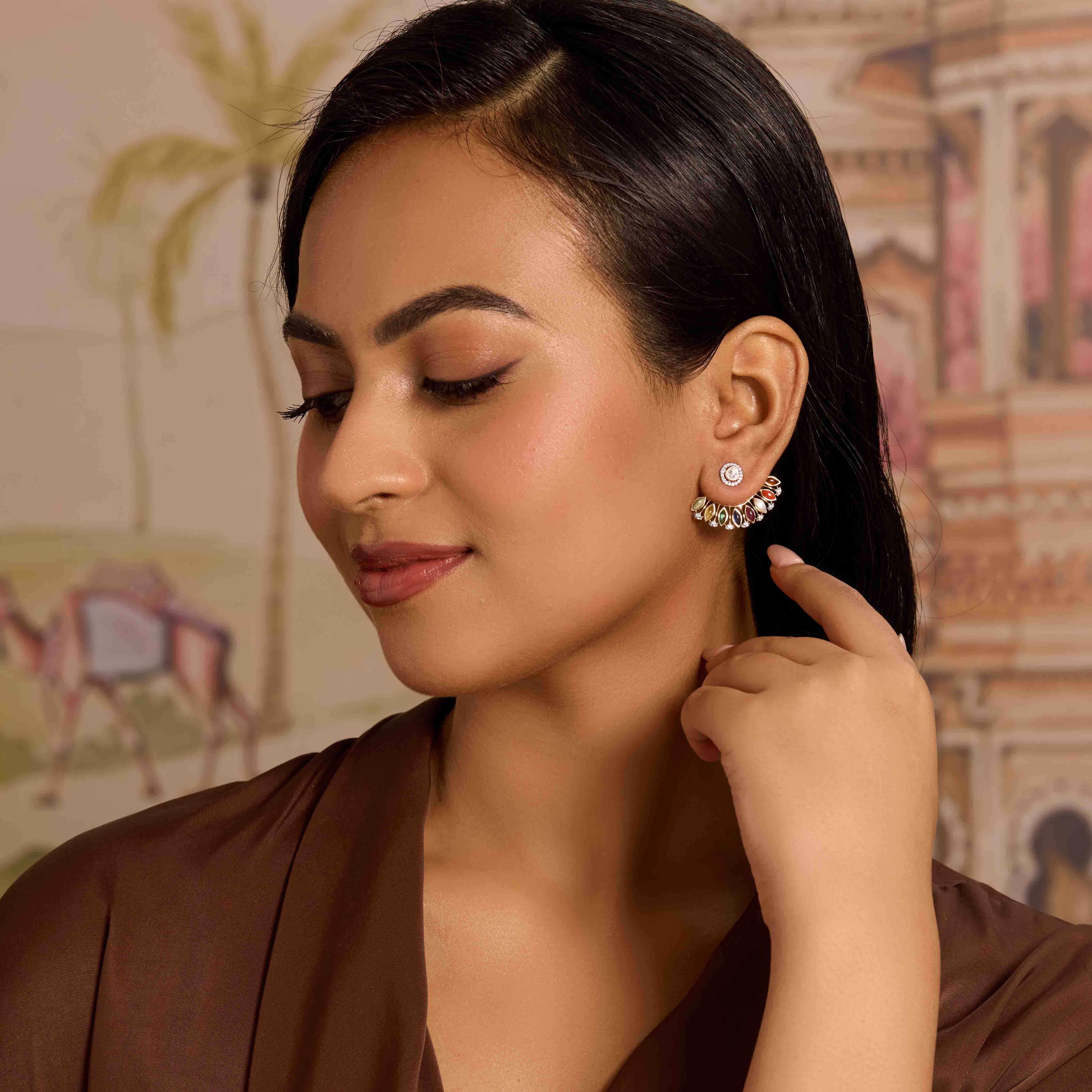 Rainbow Polki Gemstone Ear Jacket