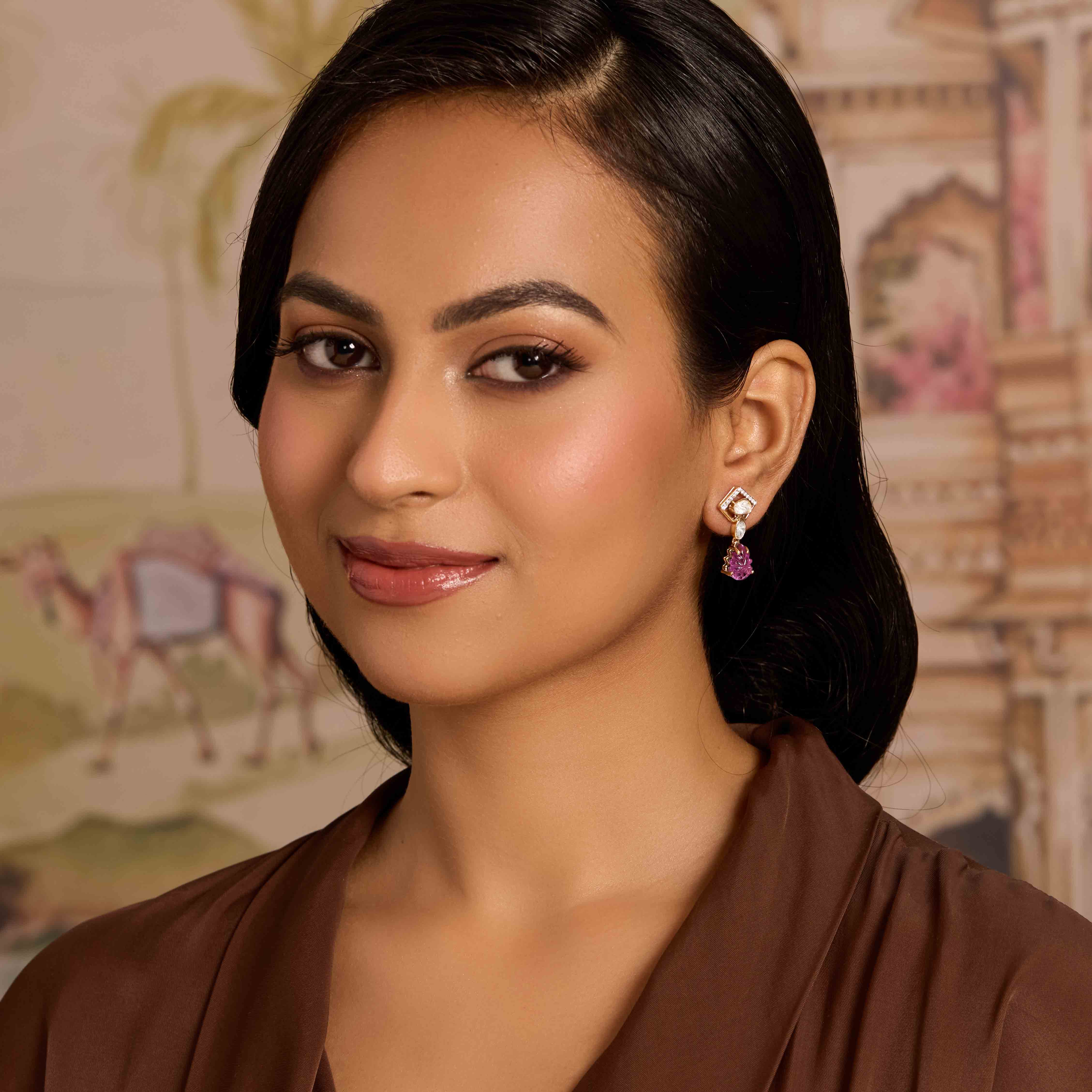 Purple Polki Gemstone Drop Earrings