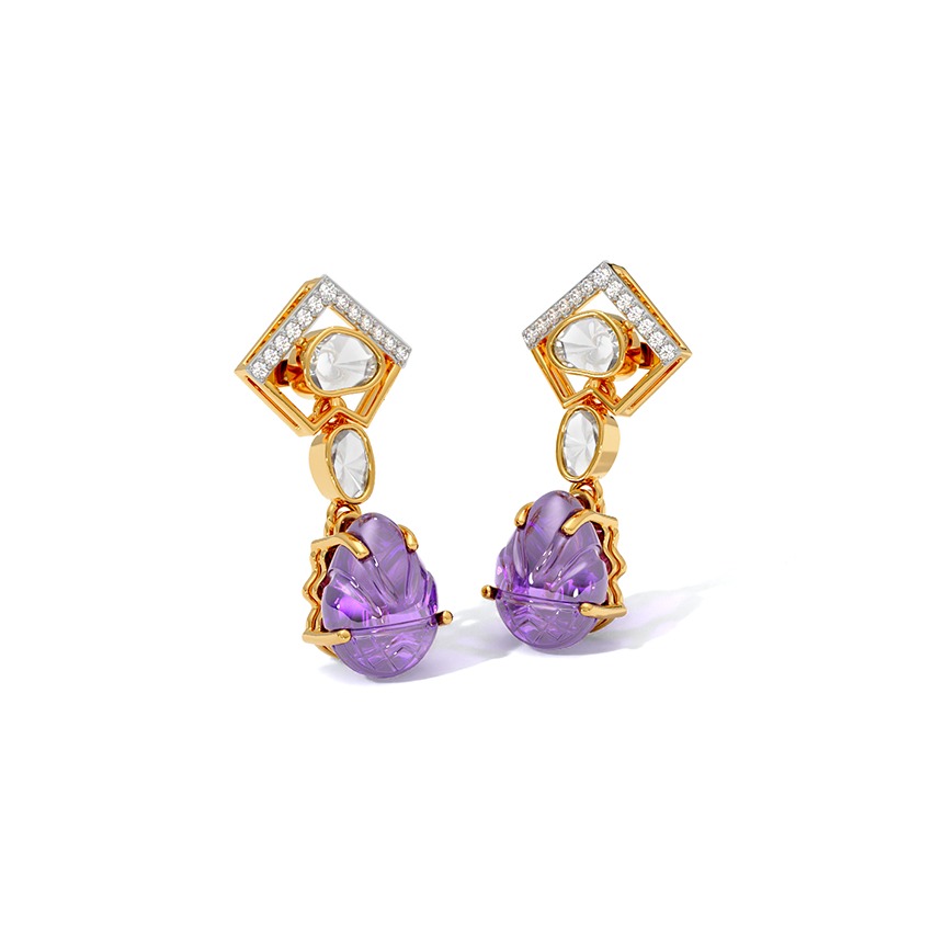 Purple Polki Gemstone Drop Earrings